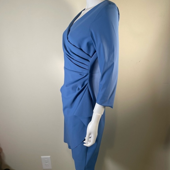 Alex Evenings V-Neck 3/4 Sleeve Compression Ruched Faux Wrap Sheath Dress Blue - Picture 5 of 13